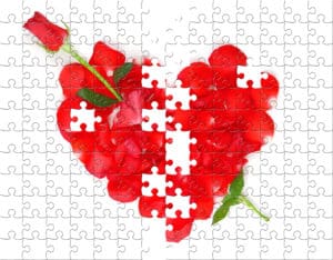 Rose petals in the shape of a heart and long stem rose in the center of a jigsaw puzzle